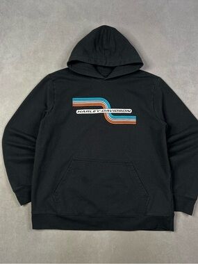 Harley-Davidson Black Pullover Hoodie with Blue and Orange Retro Stripe Logo